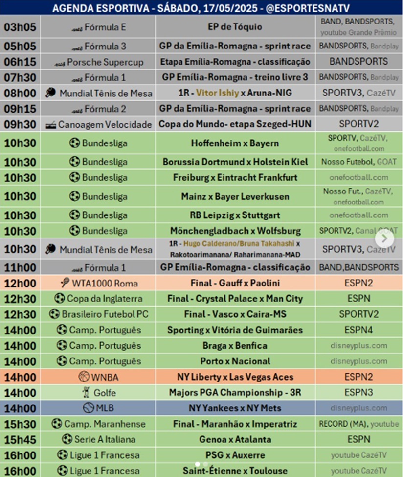 Confira a agenda esportiva mundial para esse sábado, 17 de maio
