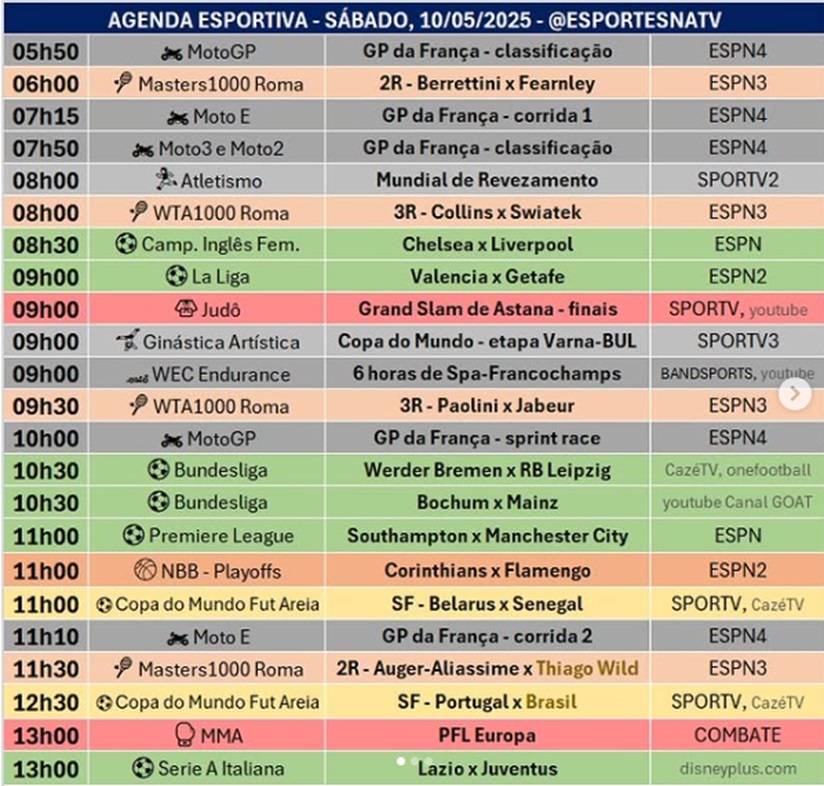 Confira a agenda esportiva mundial para esse sábado, 10 de maio