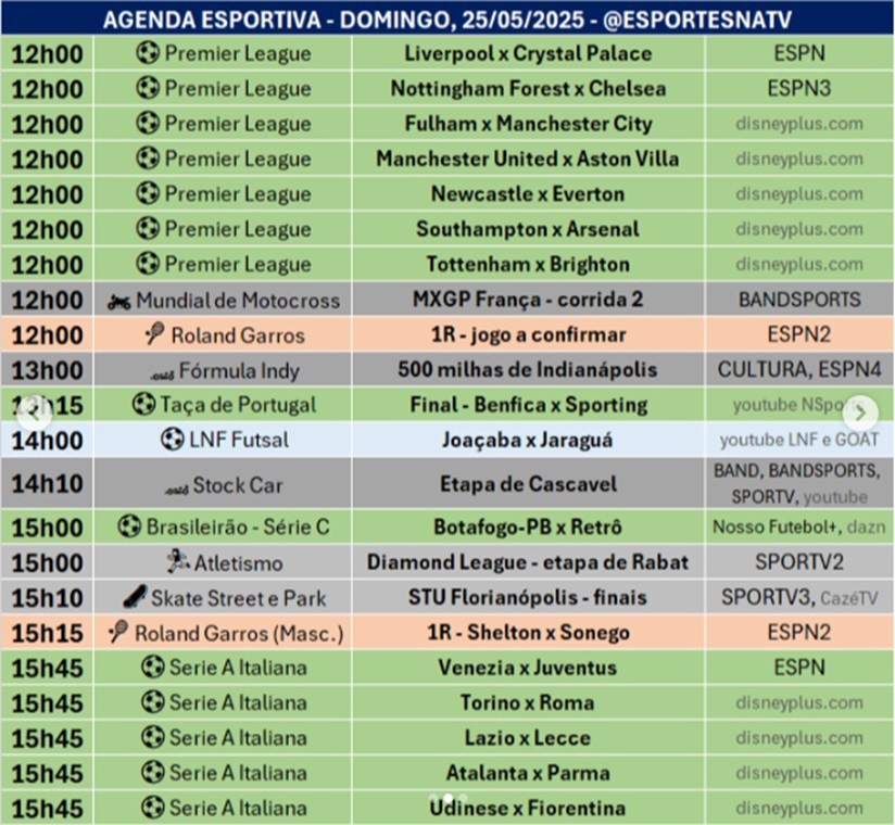 Confira a agenda esportiva mundial para esse domingo, 25 de maio