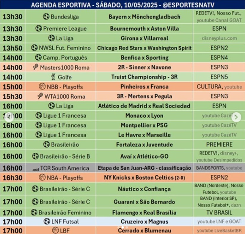 Confira a agenda esportiva mundial para esse sábado, 10 de maio