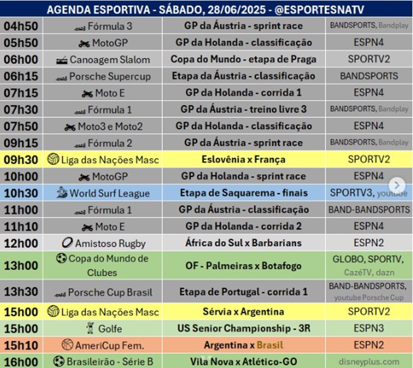 Confira a agenda esportiva mundial para esse sábado, 28 de junho