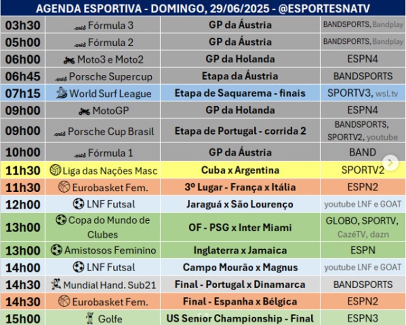 Confira a agenda esportiva mundial para esse domingo, 29 de junho