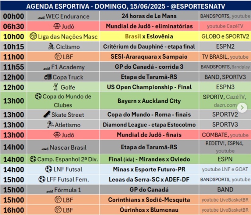 Confira a agenda esportiva mundial para esse domingo, 15 de junho