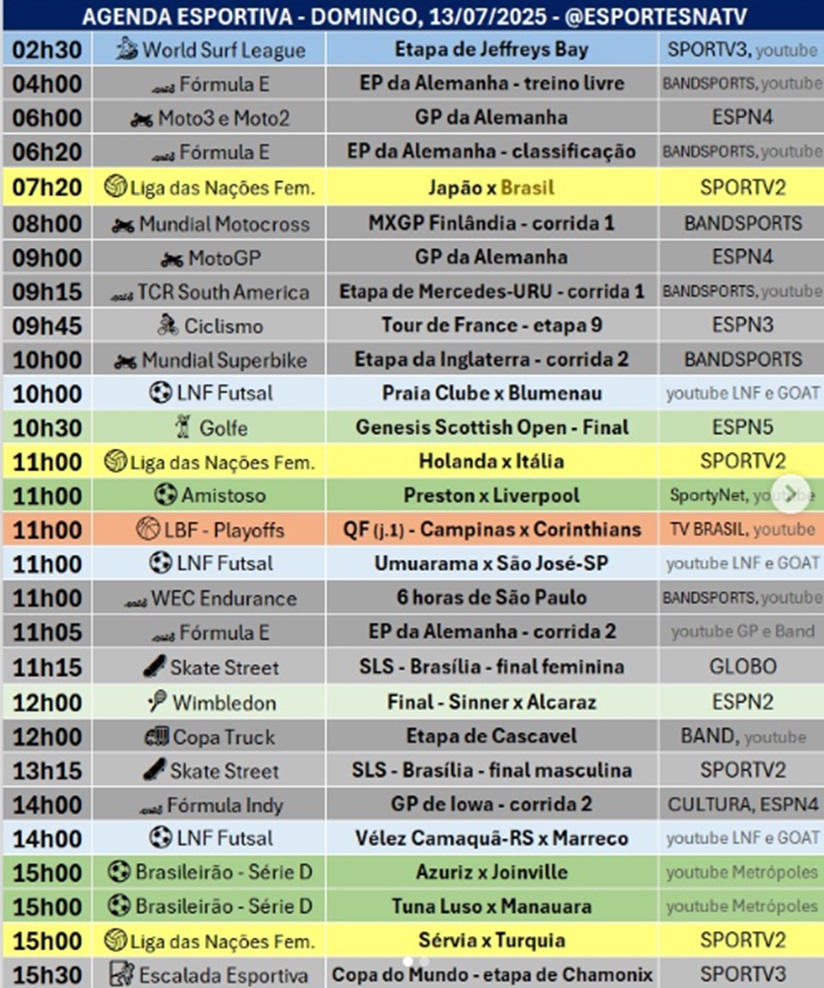 Confira a agenda esportiva mundial para esse domingo, 13 de julho