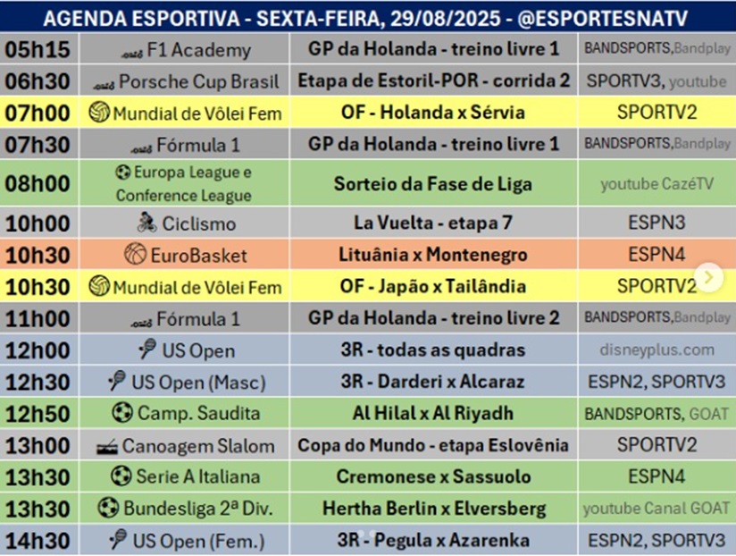 Confira a agenda esportiva mundial para essa sexta-feira, 29 de agosto