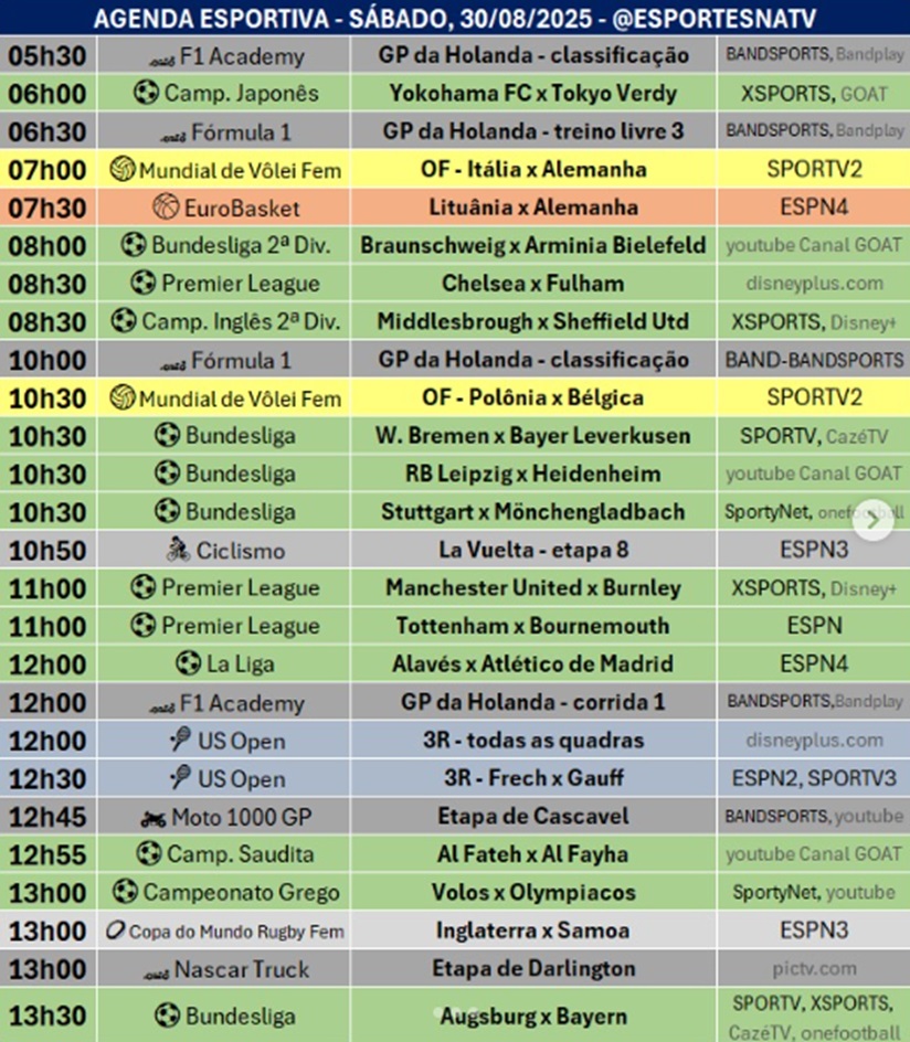 Confira a agenda esportiva mundial para esse sábado, 30 de agosto