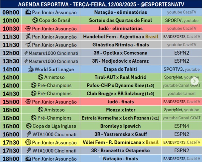 Confira a agenda esportiva mundial para essa terça-feira, 12 de agosto