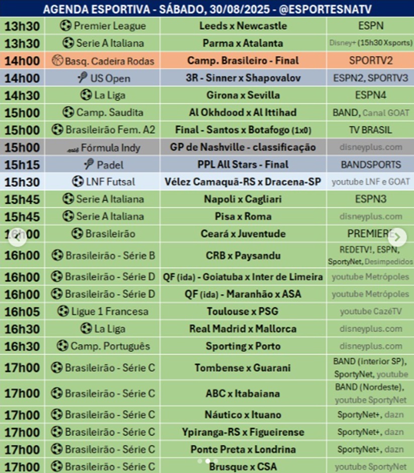 Confira a agenda esportiva mundial para esse sábado, 30 de agosto