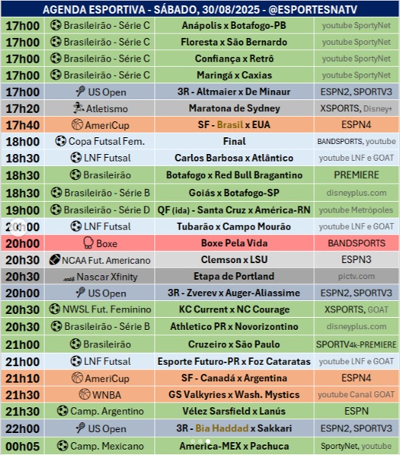 Confira a agenda esportiva mundial para esse sábado, 30 de agosto