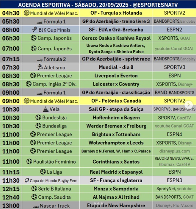 Confira a agenda esportiva mundial para esse sábado, 20 de setembro