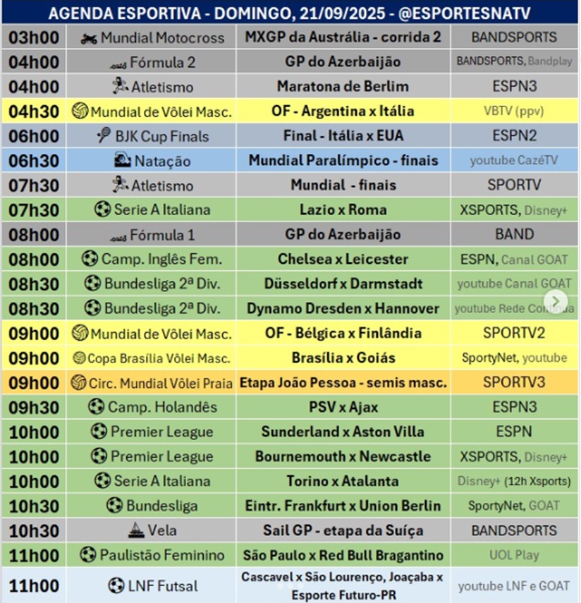 Confira a agenda esportiva mundial para esse domingo, 21 de setembro